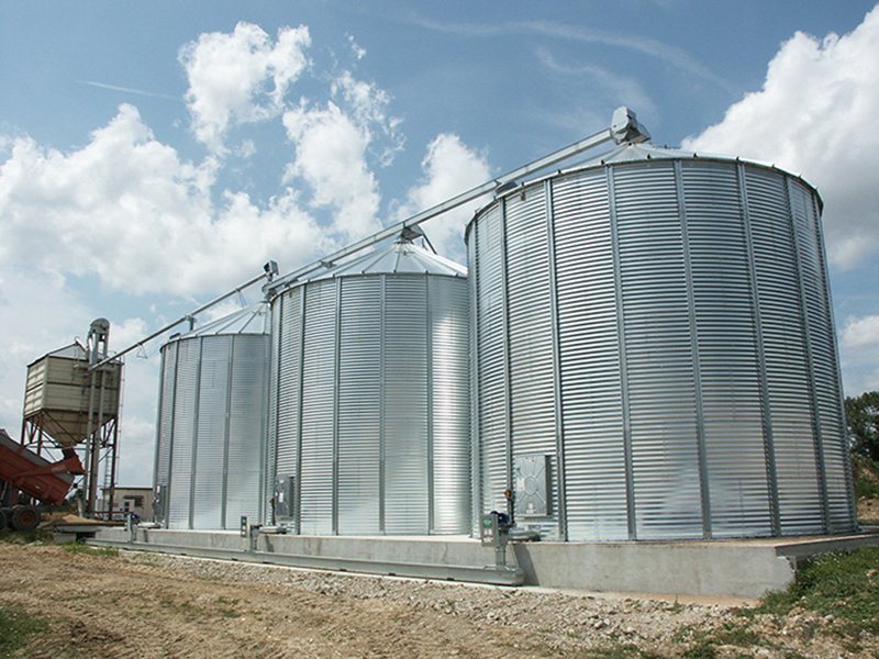 trois silos a grain fond plat avec un boisseau et un convoyeur à chaine de reprise