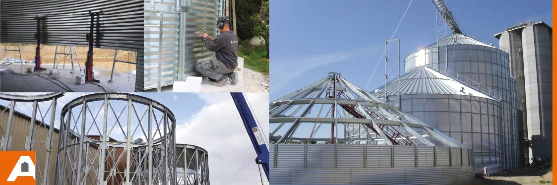 grutage en cours de montage sur silo à grain cellule technicien