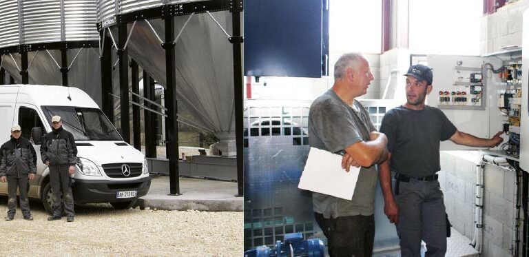 agriconsult technicien expert sav explication devant armoire électrique et camion atelier devant silos