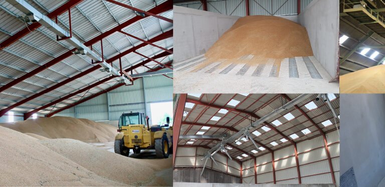 hangar de stockage a plat tracteur grains dans batiment caniveau et aeration du grain