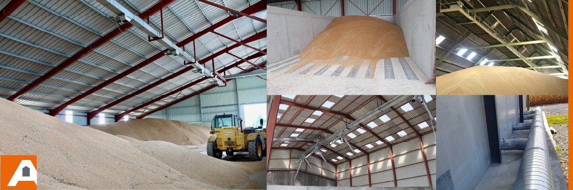 hangar de stockage a plat tracteur grains dans batiment caniveau et aeration du grain